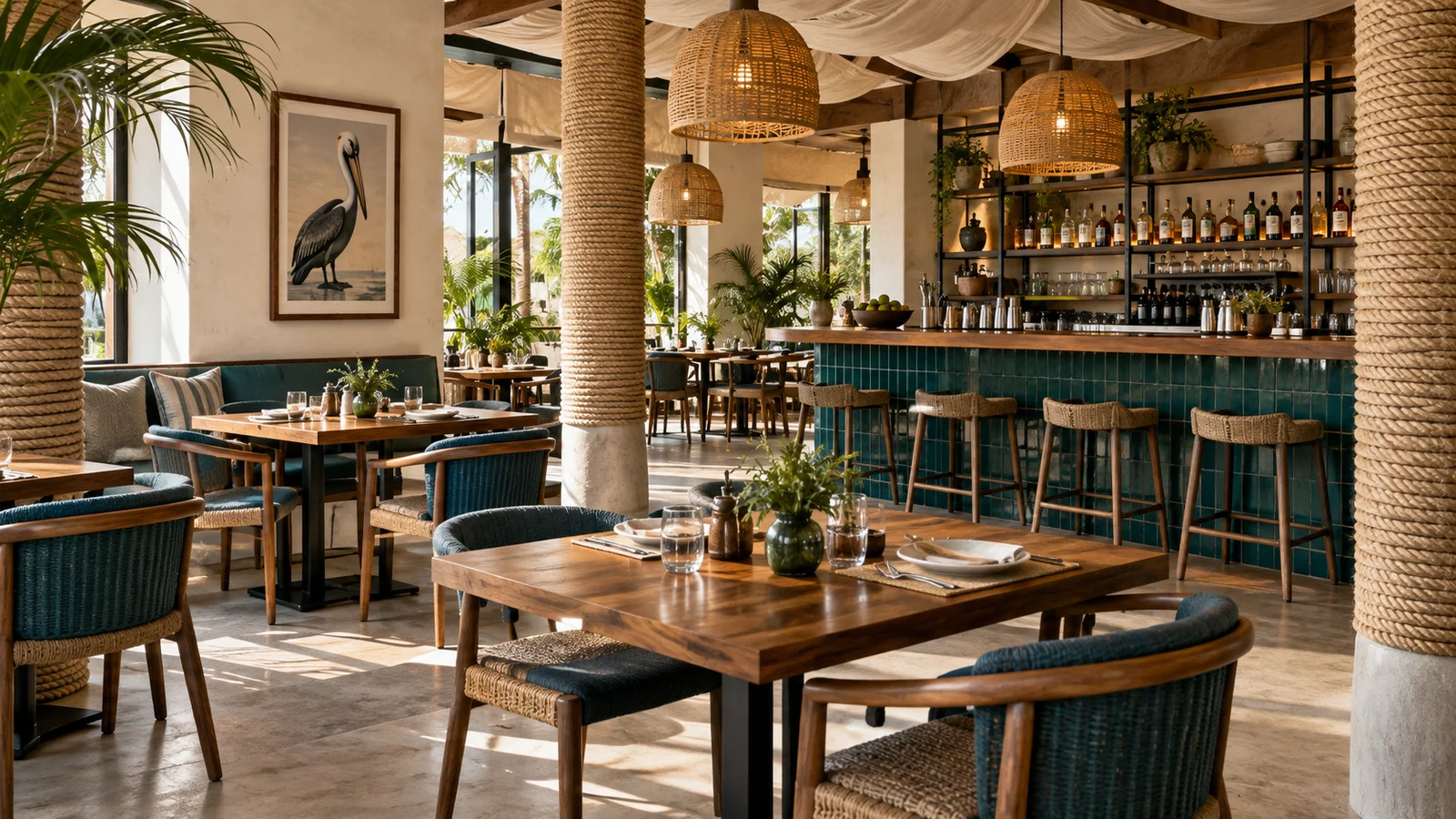 Dining room with a teal tile bar, rattan lights and rope-wrapped columns